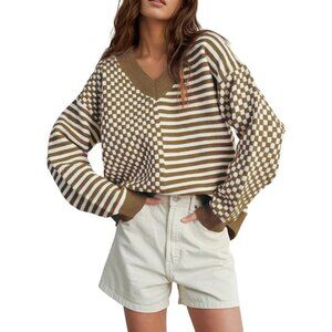 Women's Brown Striped Checkered V Neck Casual Knit Trendy Pullover Sweaters